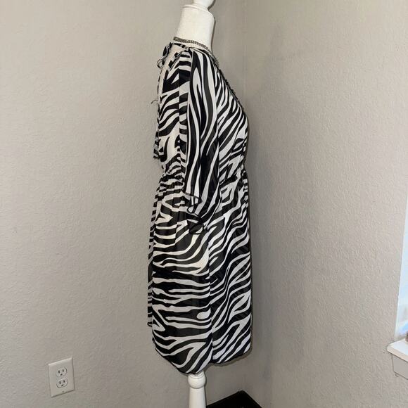 Miken Cover Up Dress Women's Large White Black Zebra Print Beaded Empire Waist - Picture 2 of 9